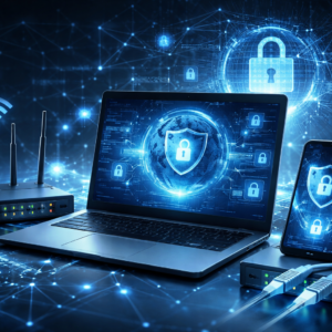 Futuristic cybersecurity scene with a glowing digital shield and interconnected servers, laptops, and network nodes representing advanced networking and security.